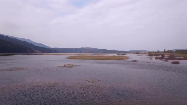 Flying over lake in early spring