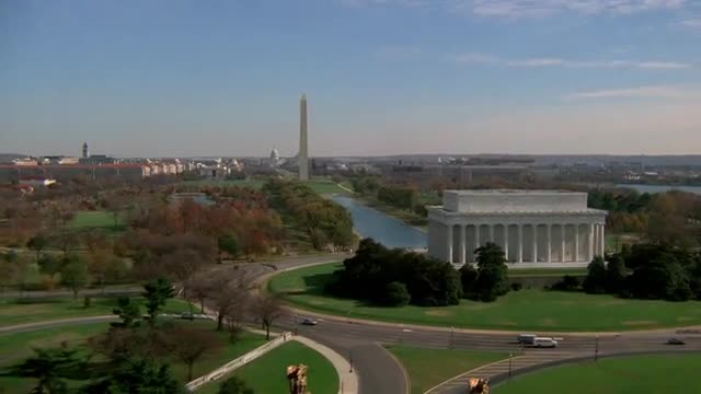 Aerial of Lincoln Memorial with Washington Memorial B.G.