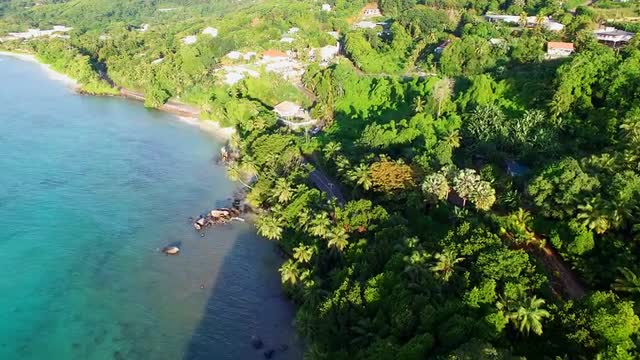 Aerial view of Anse Royale tropical coast on Mahe Island, Seychelles.