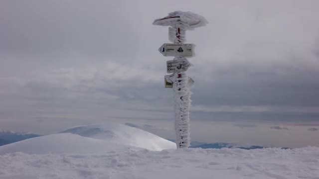 Winter Mountains Cloudscape With Direction Sign Timelapse
