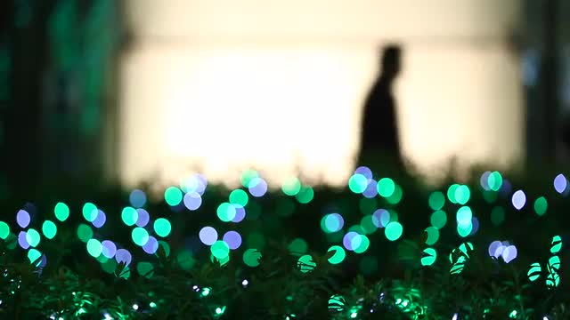 Christmas illuminations and people silhouette walking in the background