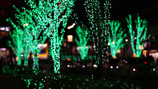 Christmas illuminations and people silhouette walking in the background