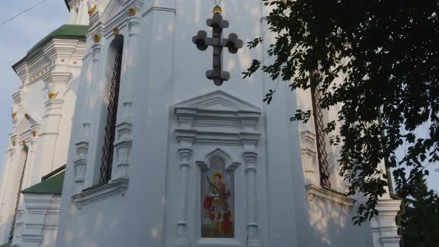 Cross in a Church Wall Image Vydubychi Saint Michael's Man Monastery White Walls Tower Blue Cupo