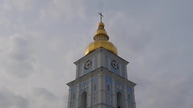 Bell Tower of Mikhailovsky Cathedral Clock Golden Cupola Tower is Painted With Blue and White Semici