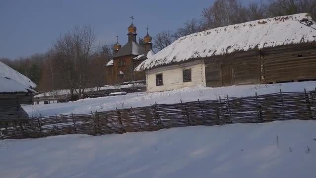 Wooden Church Behind a Village Houses Winter Snow Wattle Fence Church of the Holy Michael the Archan