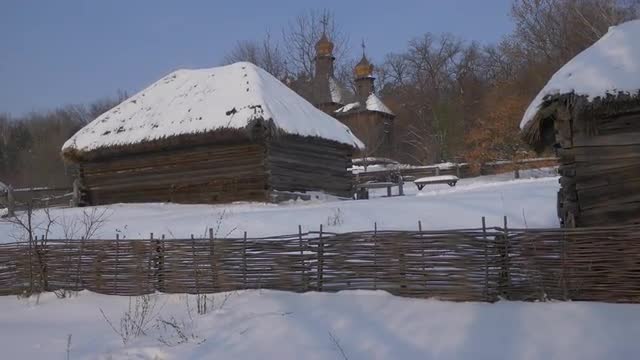Church Behind a Rustic Huts Cupolas Winter Snow Wattle Fence Church of the Holy Michael the Archange