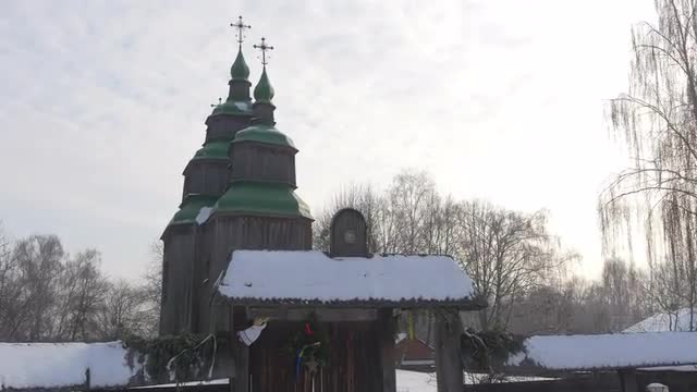 Panorama on Wooden Church Entrance Fence Old-Aged Buildings Bell Towers Winter Church of Paraskeva t
