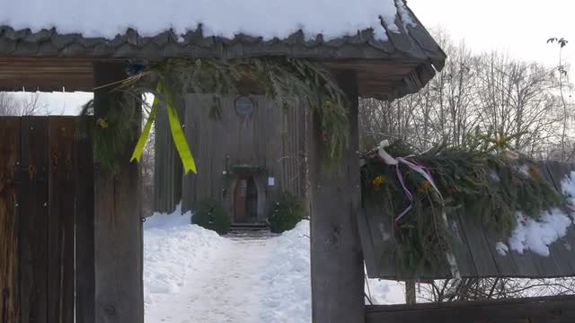 Courtyard Entrance Arch Fir Branches Wooden Church Winter Church of Paraskeva the Holy Martyr in Pir