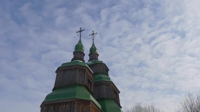Wooden Church Panorama Green Roofs Bell Towers Winter Blue Sky Church of Paraskeva the Holy Martyr i