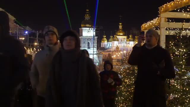 People at Sophia Square Christmas Eve Laser Rays Mikhailovskaya Square Bright Illumination Happy Peo