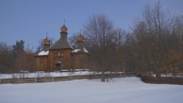 Three Towered Wooden Church Snow Blue Sky Winter Old Church of the Holy Michael the Archangel Pirogo