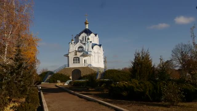 White Walls on Transfiguration Cathedral Bell Tower Golden Cupolas Behind a Branches Mgar Transfigur