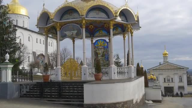 People at Summer Altar Alcove With Golden Roof Columns on a Hill Holy Dormition Pochaiv Lavra Orthod