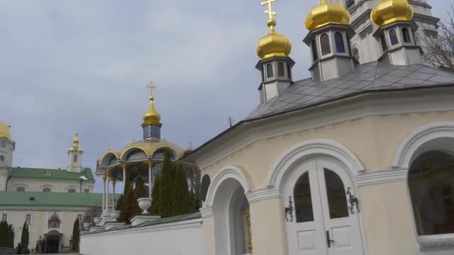 People at Summer Altar Holy Dormition Pochaiv Lavra Orthodox Monastery in Pochaiv Christmas Holidays