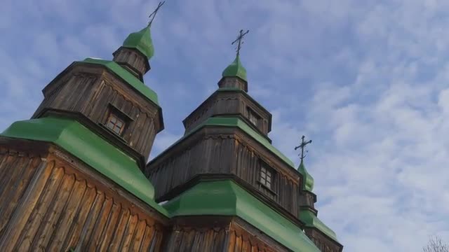 Wooden Church Green Roofs on a Bell Towers Winter Blue Sky Church of Paraskeva the Holy Martyr in Pi