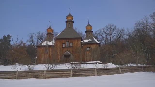 Three Towered Old Wooden Church Snow on a Ground Winter Church of the Holy Michael the Archangel Pir