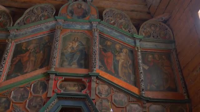 Church Interior Decorated Fir-Tree Embroidered Ukrainian Towels Candles Wooden Walls of a Church of 