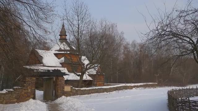 Entrance to Courtyard Wooden Church Village Brick Arch Rustic Obsolete Building Wintry Landscape of 