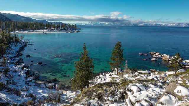 Winter Clouds and Lake Fog Above Sand Harbor Timelapse