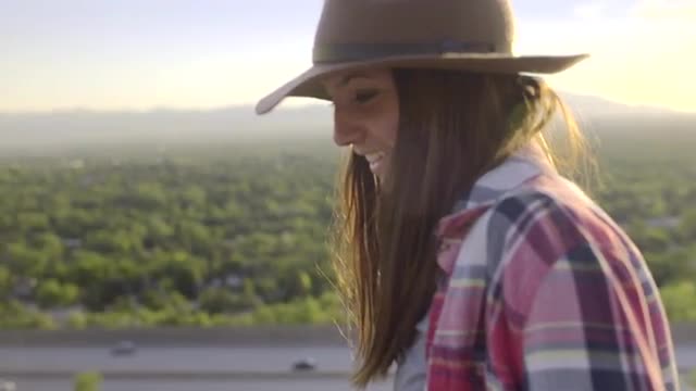 Teenage Girl On A Road Trip,Smiles And Laughs, At Scenic Overlook (Slow Motion)