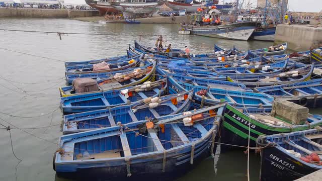 Blue boats in the harbor of Essaouira, Morocco 