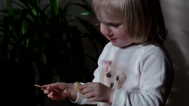 Little Girl Plays With a Cookie and Puts it to Her Mouth