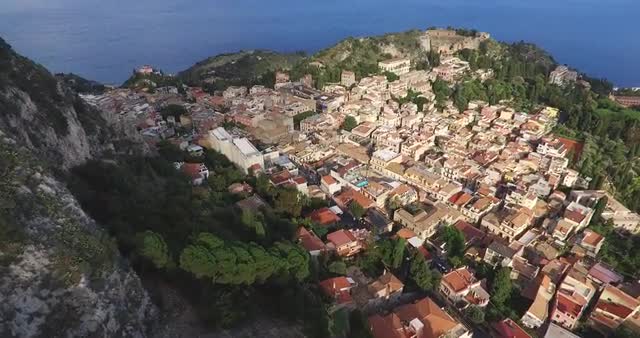 Landscape By Village Taormina With Old Houses, Italy