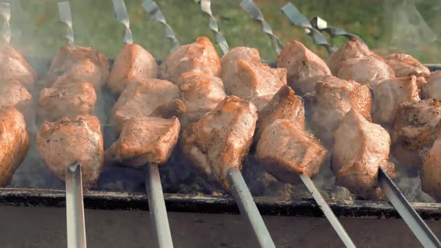 Barbecue skewers with meat cooking on the grill