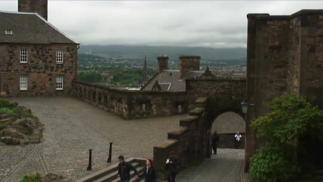 People walking around the Edinburgh Castle in Scotland.