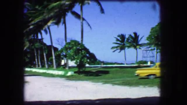 1964: Tropical palm beach beach parking area yellow taxi cab type car. JACKSONVILLE, FLORIDA