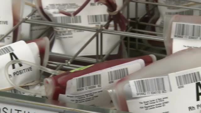Pan of A Rh Positive blood bags in storage