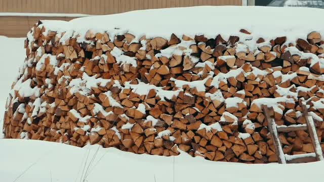 Firewood in a Stack Under Snow