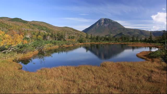 View of Sanno pond and Mount Rausu, Hokkaido, Japan
