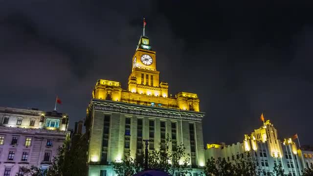 night light shanghai city customs house 4k time lapse 