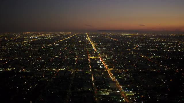 Aerial view of night traffic in suburbs, Los Angeles, USA