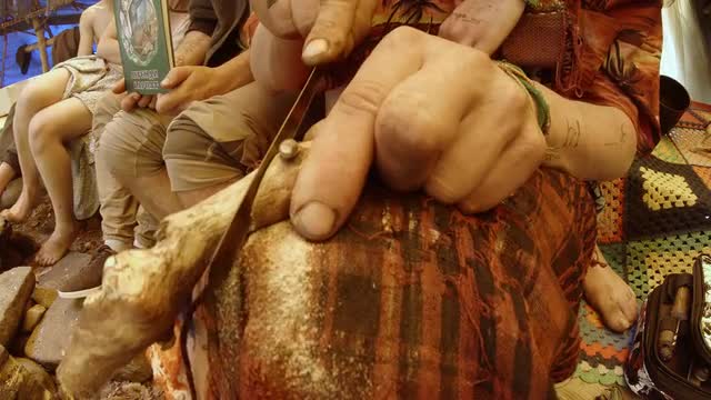 Person in Indian Clothes Sawing a Small Dried Tree Branch