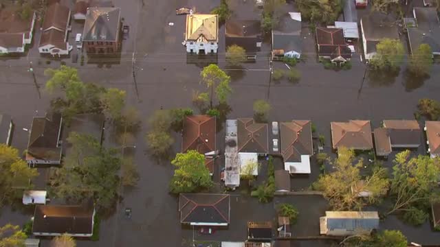 MS POV AERIAL Houses drowned due to floods / United States