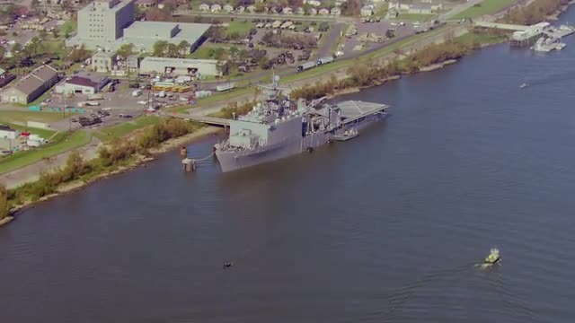 MS POV AERIAL ZI View of ships on Mississippi river / United States