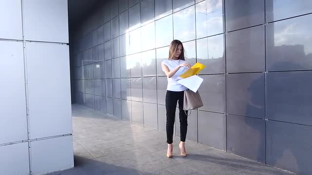 Business Woman Girl Work Business Center Look at Documents