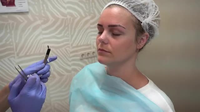 Beautician Makes Procedure Patient Draws Eyebrows Mikrobleyding Client Permanent Tattoo, Eyebrow Rec