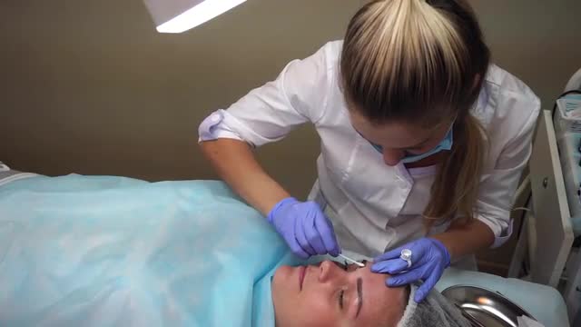 Beautician Makes Procedure Patient Draws Eyebrows Mikrobleyding Client Permanent Tattoo, Eyebrow Rec