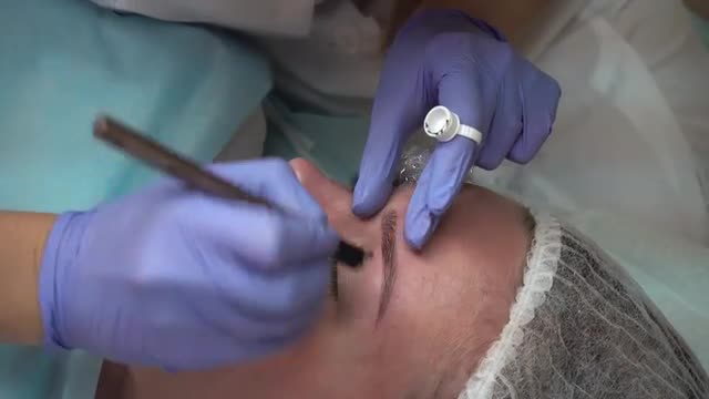 Beautician Makes Procedure Patient Draws Eyebrows Mikrobleyding Client Permanent Tattoo, Eyebrow Rec