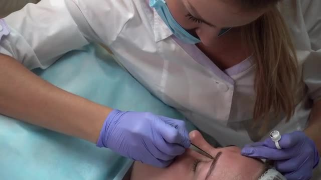 Beautician Makes Procedure Patient Draws Eyebrows Mikrobleyding Client Permanent Tattoo, Eyebrow Rec