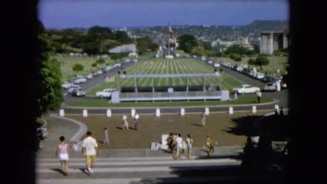 1966: view of a citadel and buildings with visitors walking and exploring the vast grounds CALIFORNI