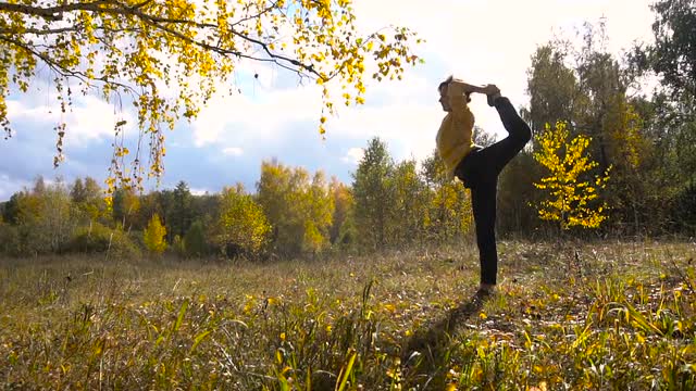 Slow Motion Girl Acrobatics Background Leaf Fall. Sunny Day.