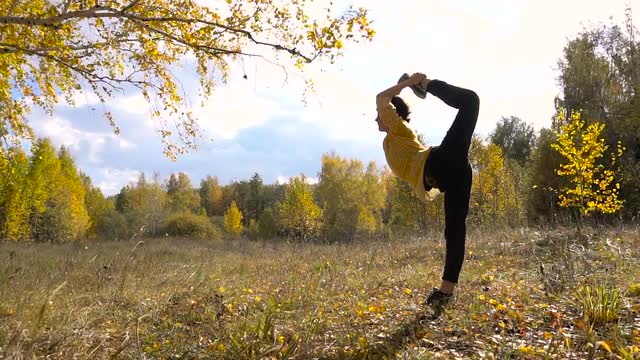 Slow Motion Girl Acrobatics Background Leaf Fall. Sunny Day.
