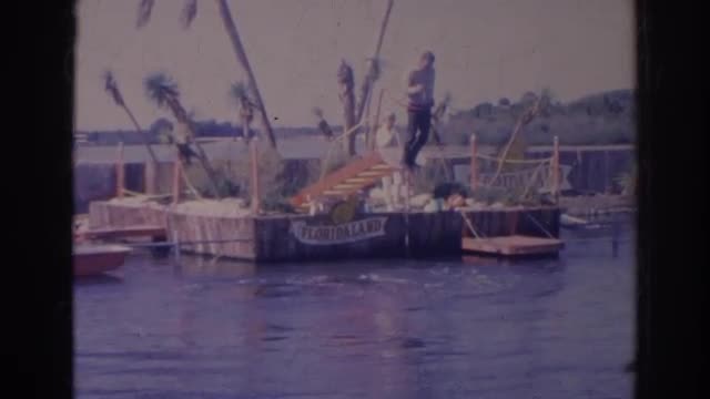 1966: a fellow feeding some jumping dolphins at a harbor by the sea FLORIDA