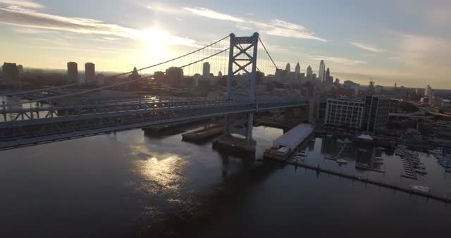 Aerial footage over the Benjamin Franklin Bridge, Philadelphia 