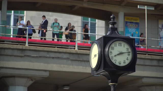 Clock with commuters waiting behind it