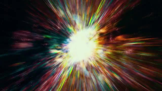 Flying through star fields and galaxies in space as a supernova bursts light (Loop).